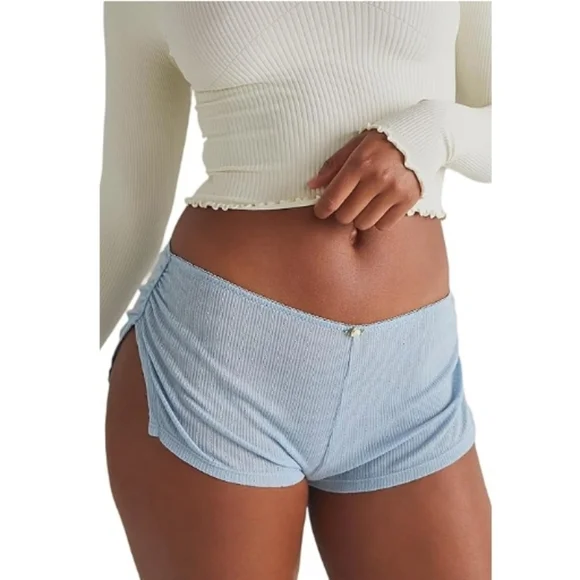 Cute Micro Pajamas Shorts Low Rise Side Slit Ruched Shorts Blue - Picture 7 of 7